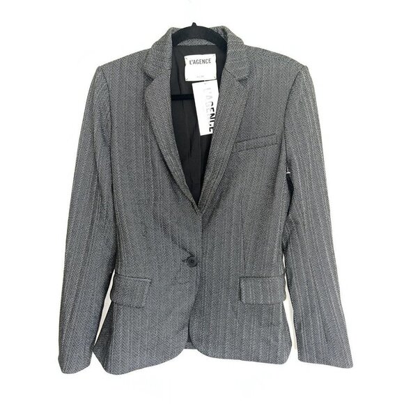 L'AGENCE Chamberlain Blazer Single Button Black Silver Formal Long Sleeve New (M